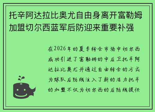 托辛阿达拉比奥尤自由身离开富勒姆加盟切尔西蓝军后防迎来重要补强 托辛阿达拉比奥尤自由身离开富勒姆加盟切尔西蓝军后防迎来重要补强